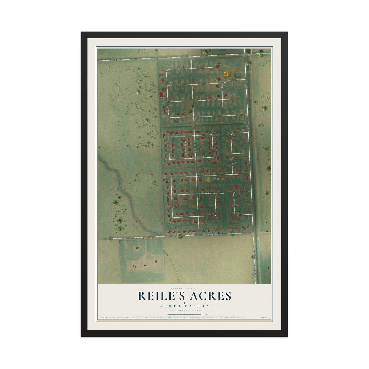 Map of Reile's Acres, North Dakota, 12 x 18 inch print in a black wood frame