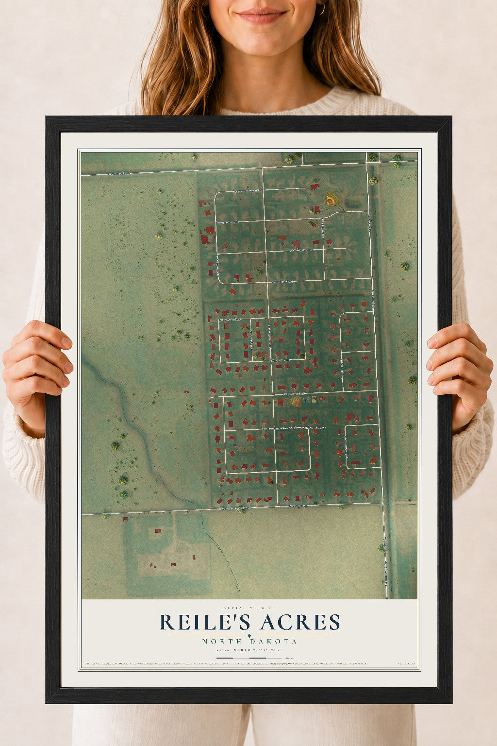 Map of Reile's Acres, North Dakota, 18 x 24 inch print in a black wood frame