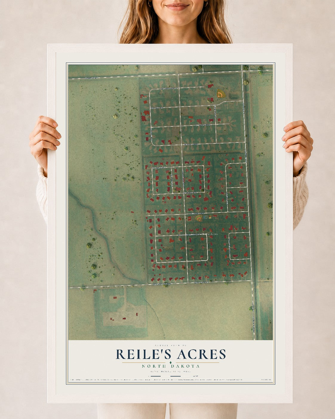 Map of Reile's Acres, North Dakota, 24 x 36 inch print in a white wood frame