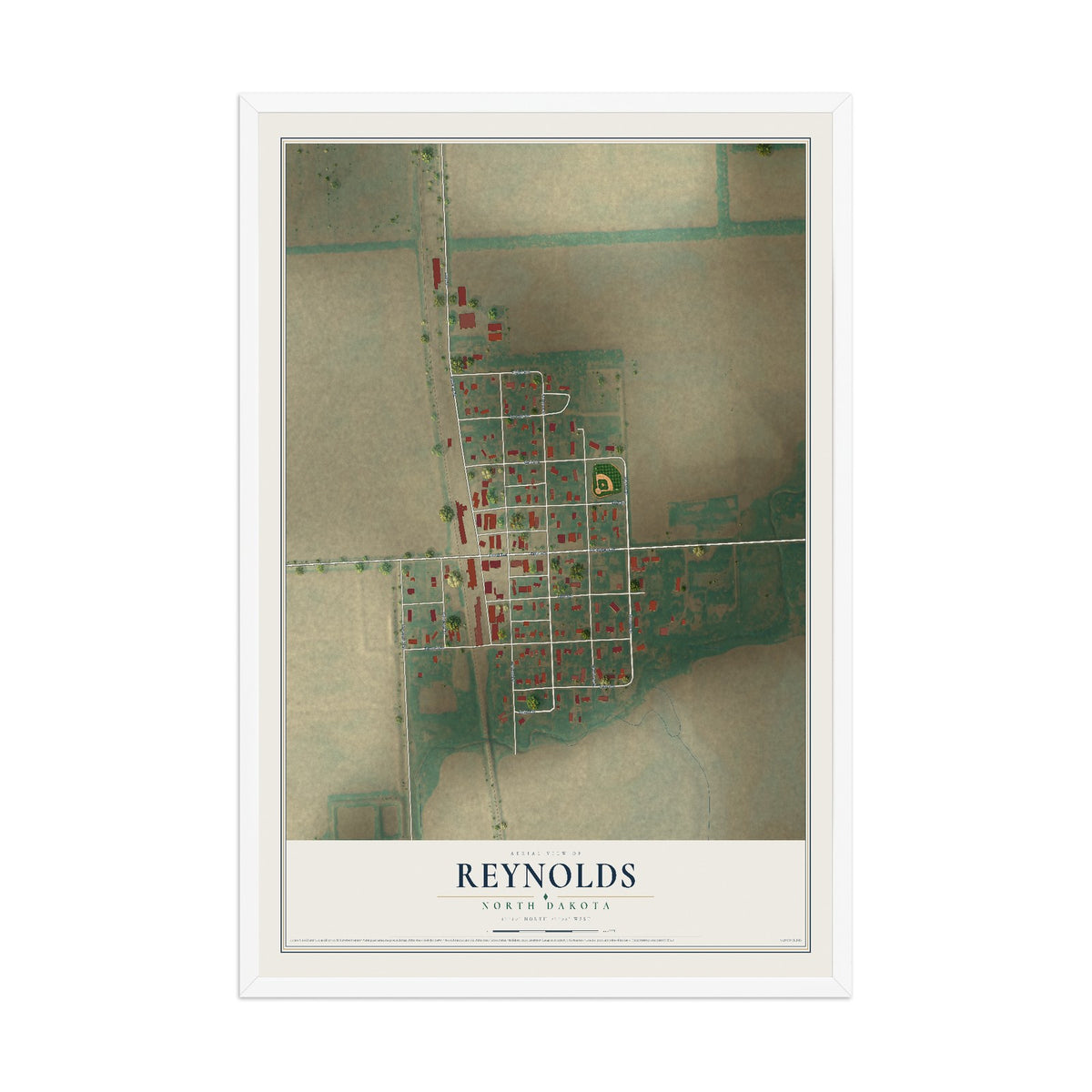 Map of Reynolds, North Dakota, 12 x 18 inch print in a white wood frame