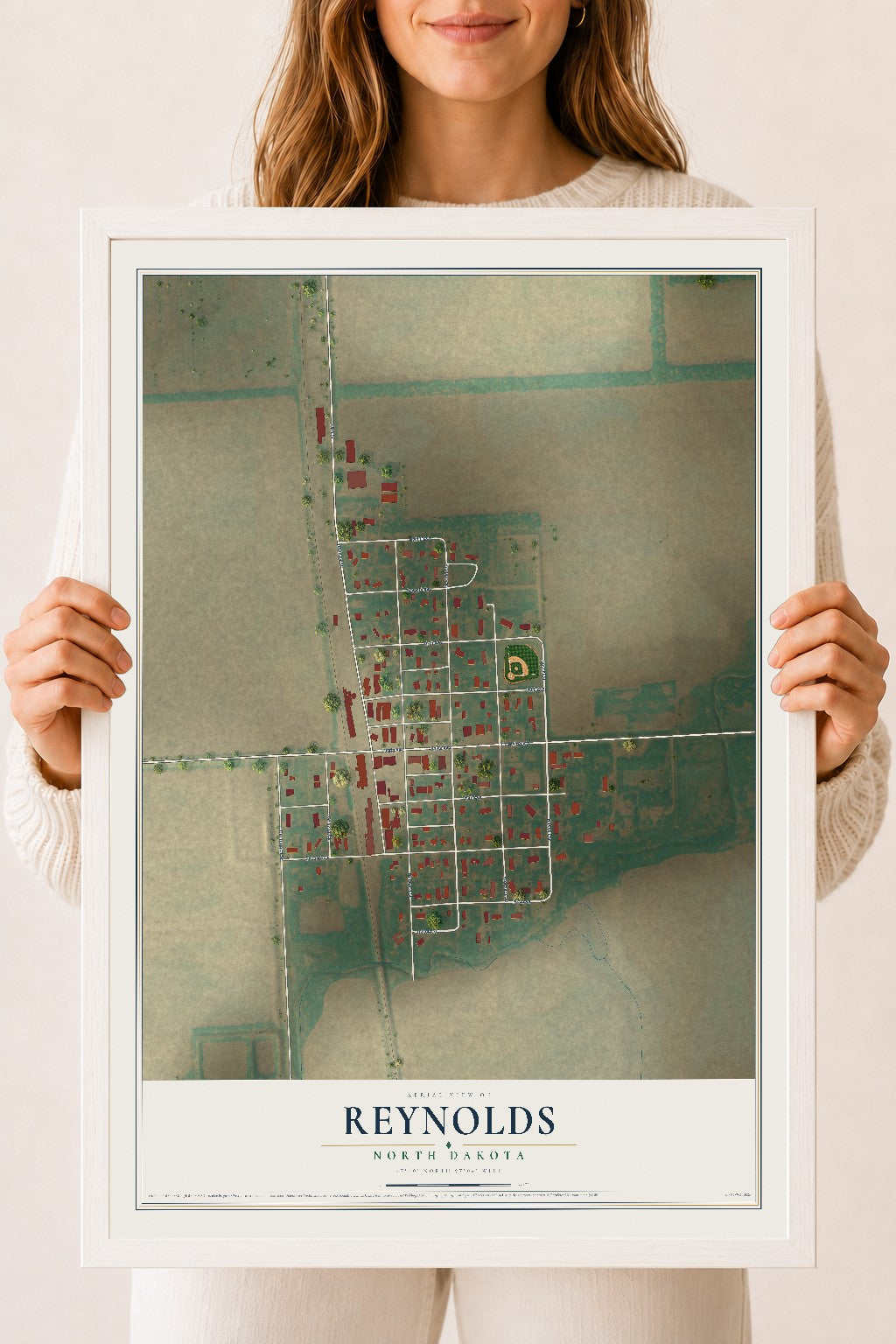 Map of Reynolds, North Dakota, 18 x 24 inch print in a white wood frame