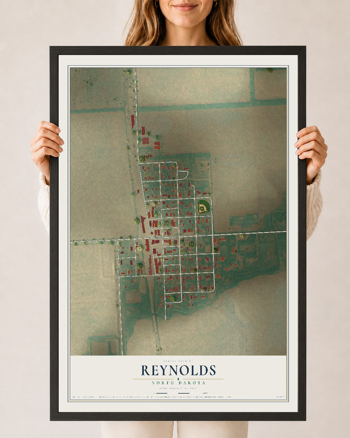 Map of Reynolds, North Dakota, 24 x 36 inch print in a black wood frame