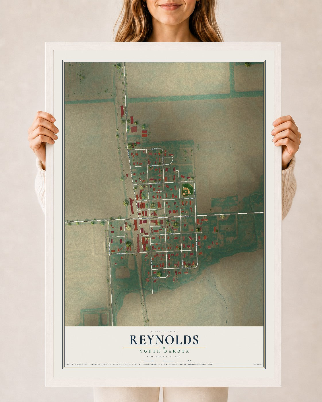 Map of Reynolds, North Dakota, 24 x 36 inch print in a white wood frame