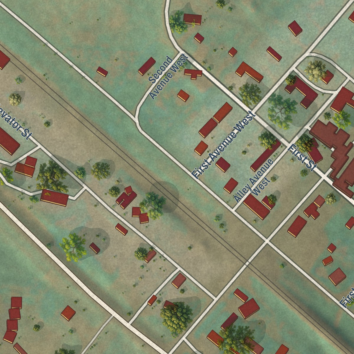 Close-up of the map of Rhame, North Dakota print showing street and building detail