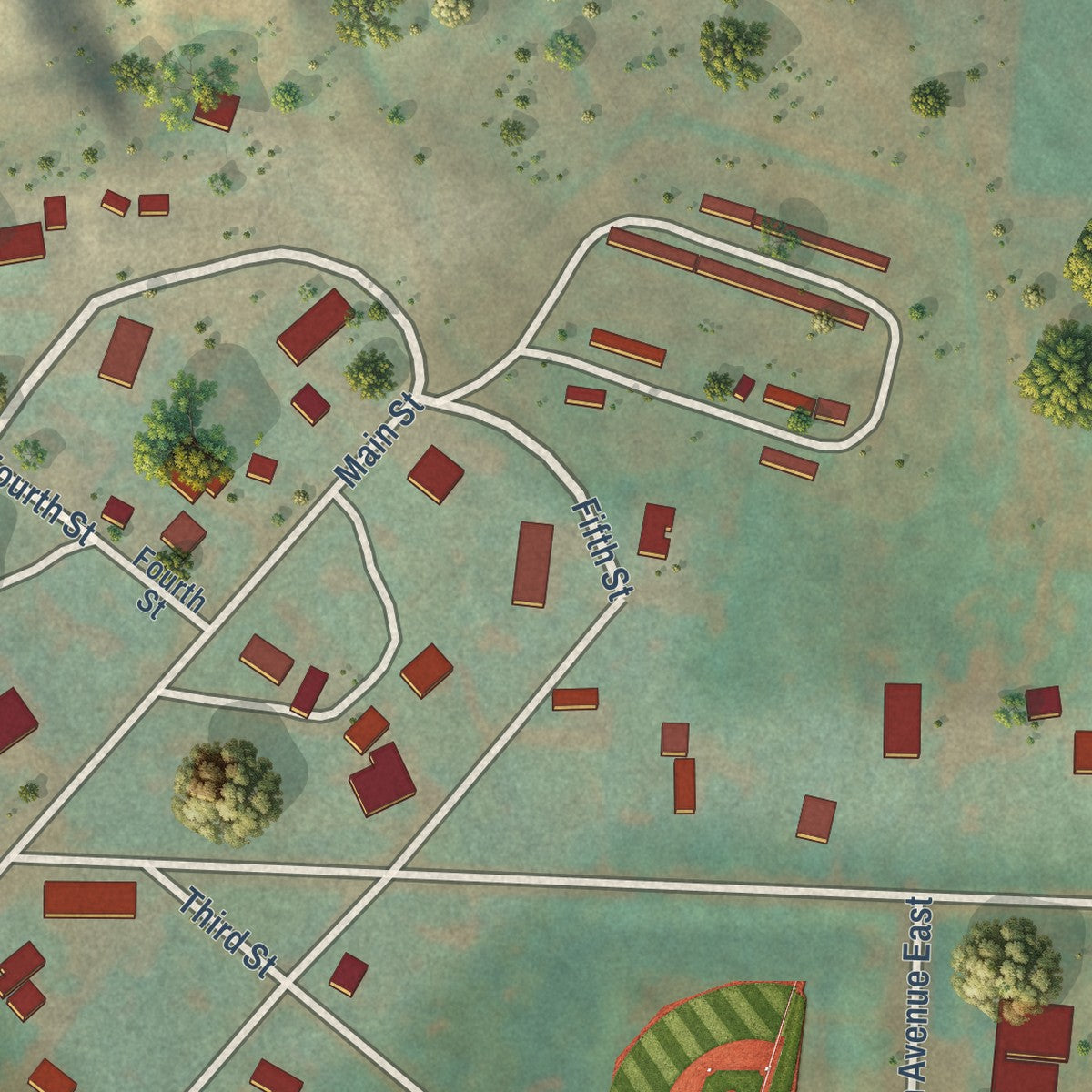 Second close-up of the map of Rhame, North Dakota print showing more streets and buildings