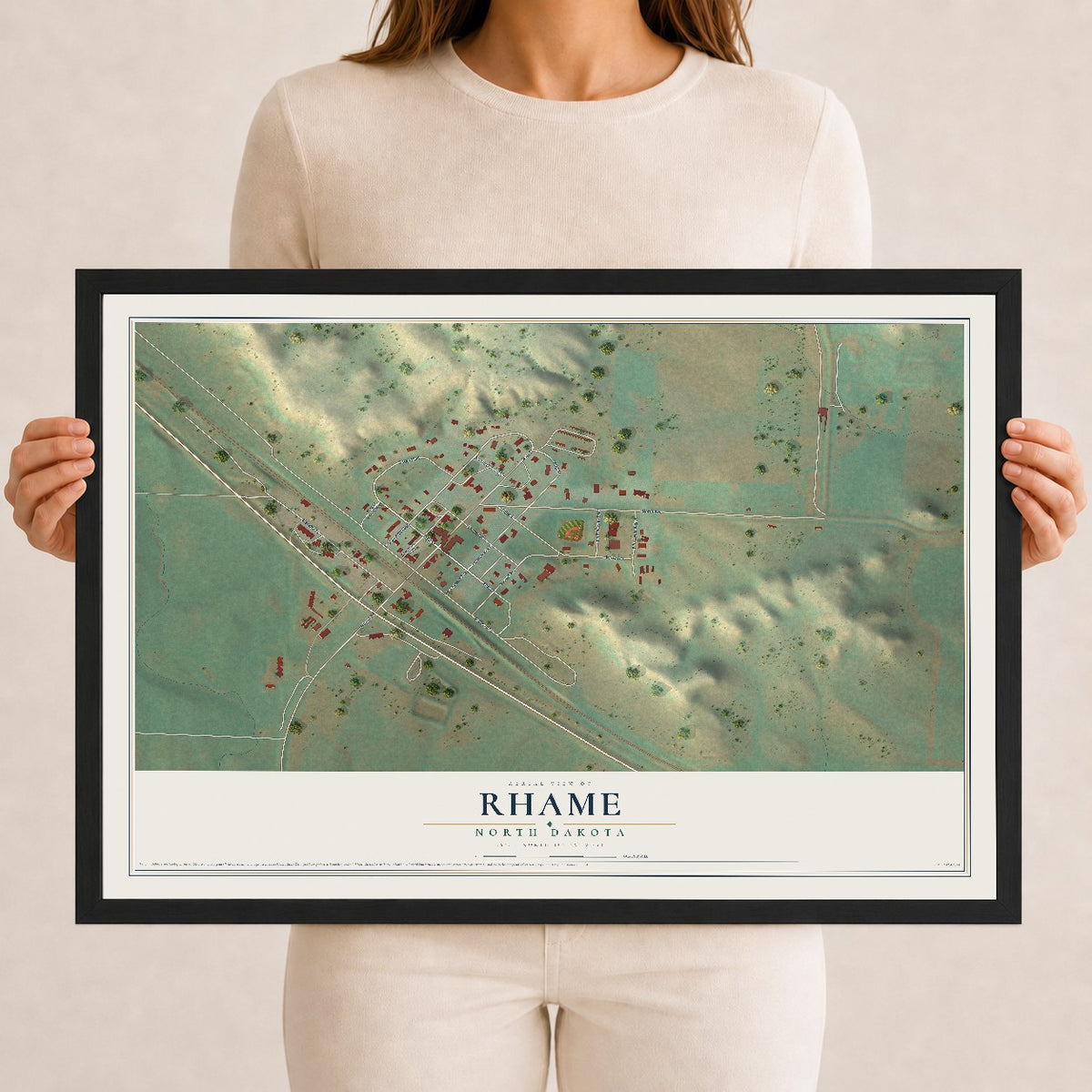 Map of Rhame, North Dakota, 12 x 18 inch print in a black wood frame