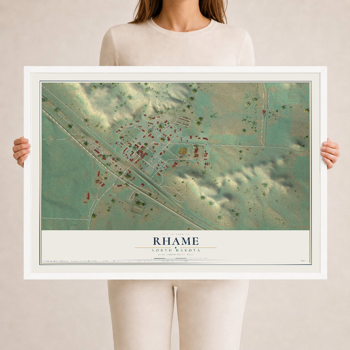Map of Rhame, North Dakota, 24 x 36 inch print in a white wood frame