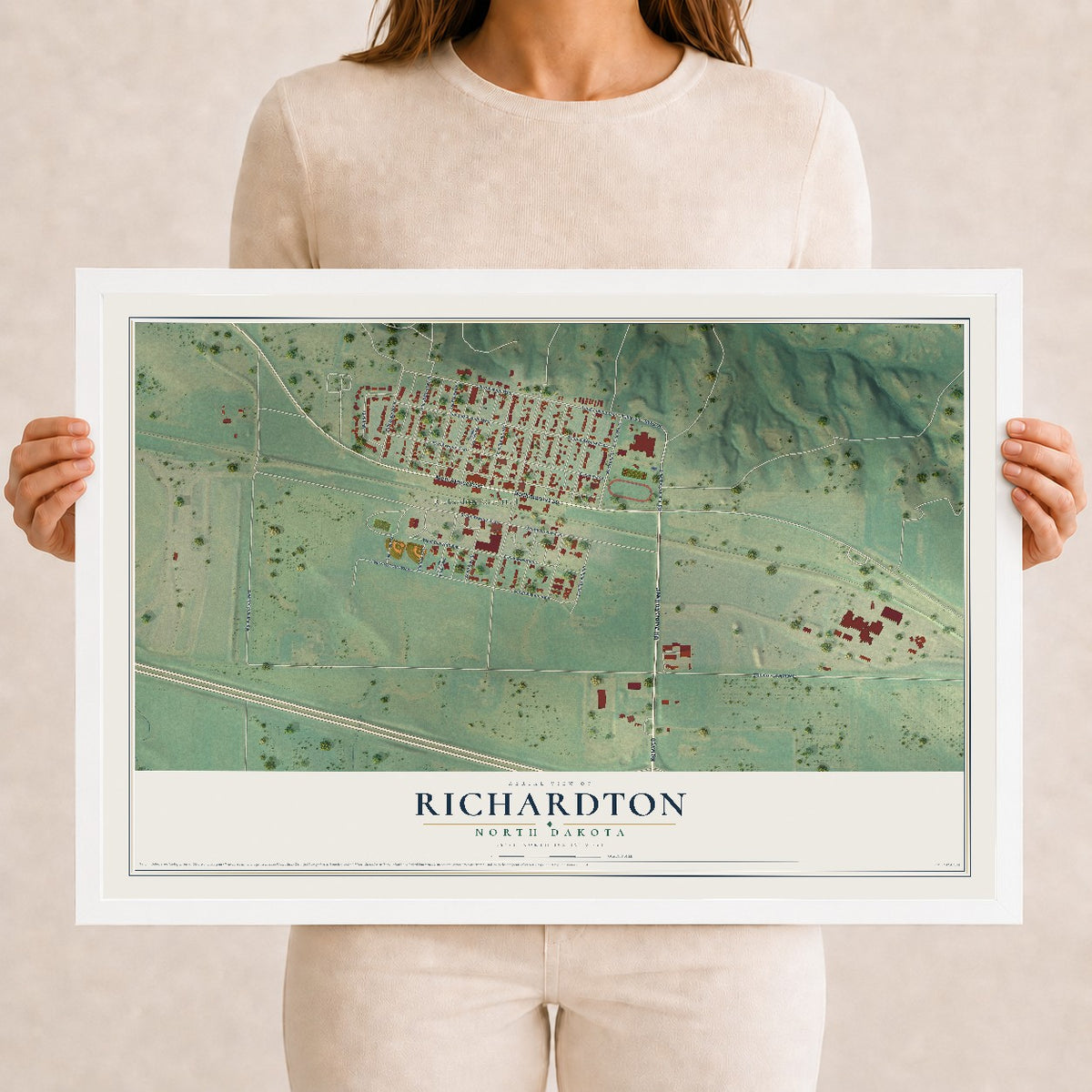 Map of Richardton, North Dakota, 12 x 18 inch print in a white wood frame