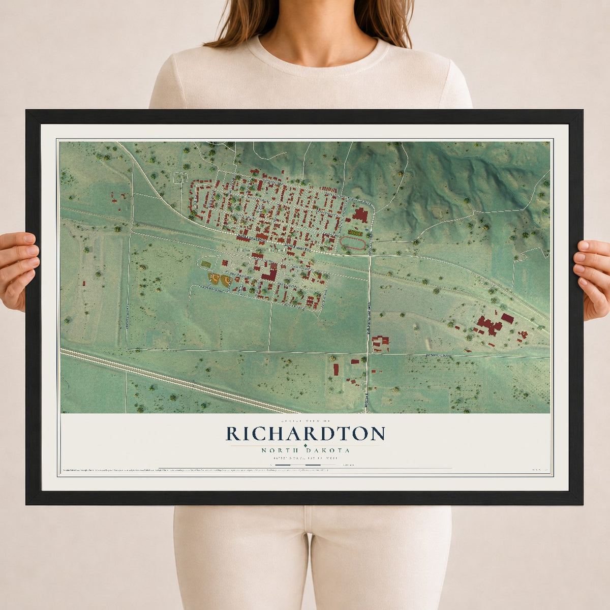 Map of Richardton, North Dakota, 18 x 24 inch print in a black wood frame