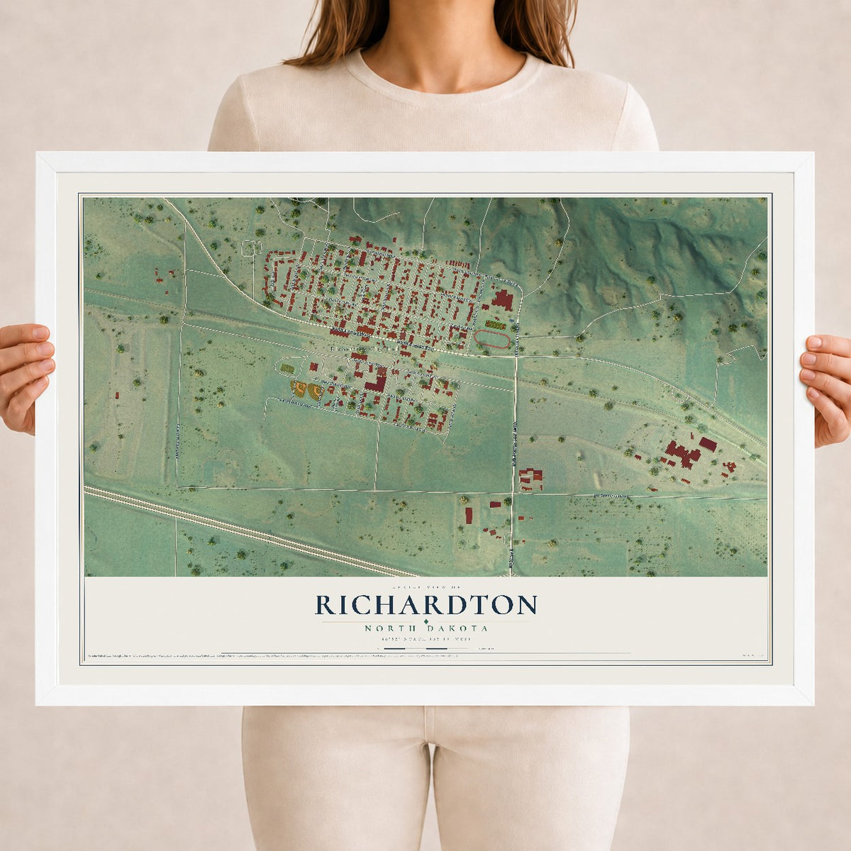 Map of Richardton, North Dakota, 18 x 24 inch print in a white wood frame