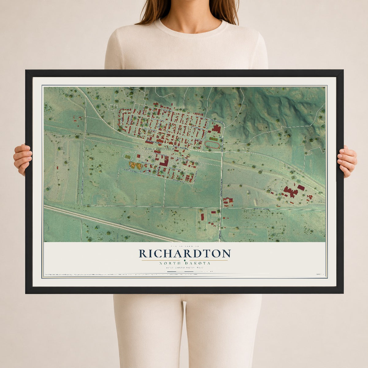 Map of Richardton, North Dakota, 24 x 36 inch print in a black wood frame