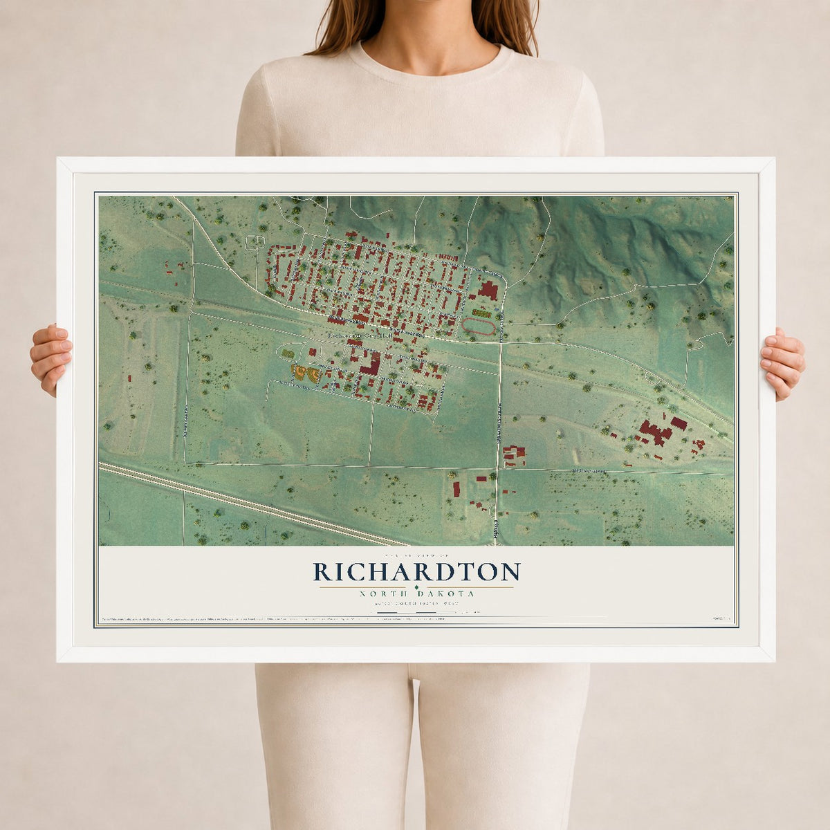 Map of Richardton, North Dakota, 24 x 36 inch print in a white wood frame