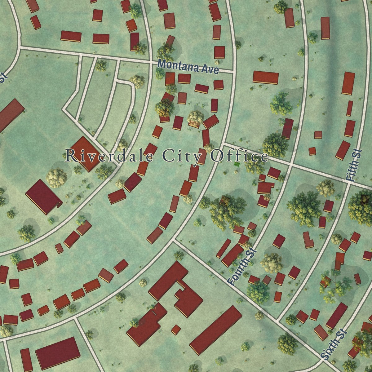 Close-up of the map of Riverdale, North Dakota print showing street and building detail