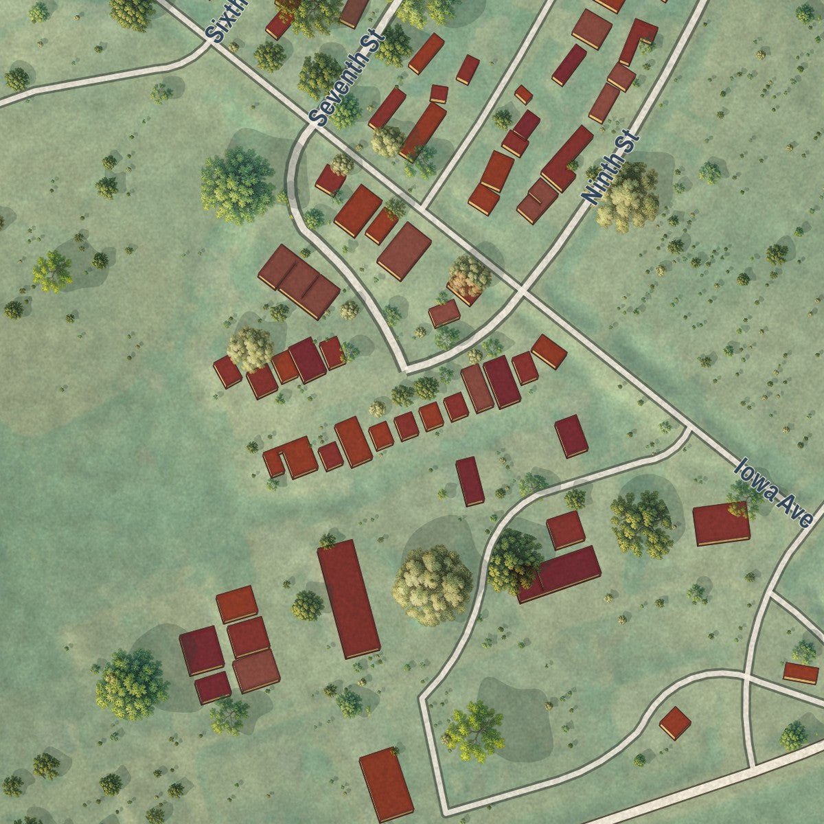 Second close-up of the map of Riverdale, North Dakota print showing more streets and buildings