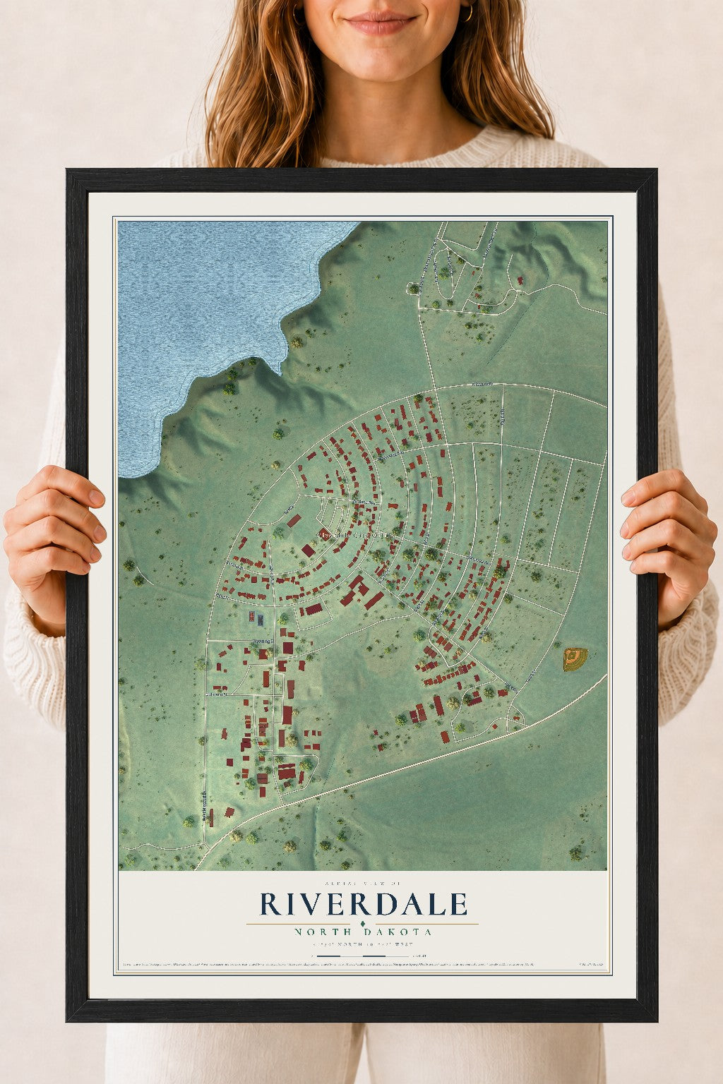 Map of Riverdale, North Dakota, 18 x 24 inch print in a black wood frame
