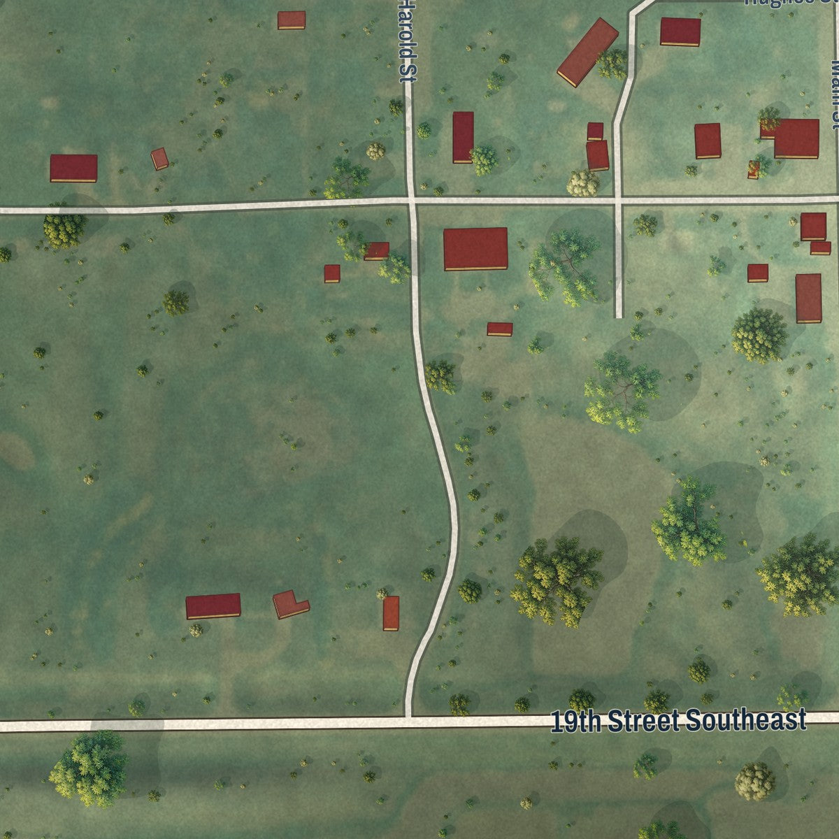 Second close-up of the map of Robinson, North Dakota print showing more streets and buildings