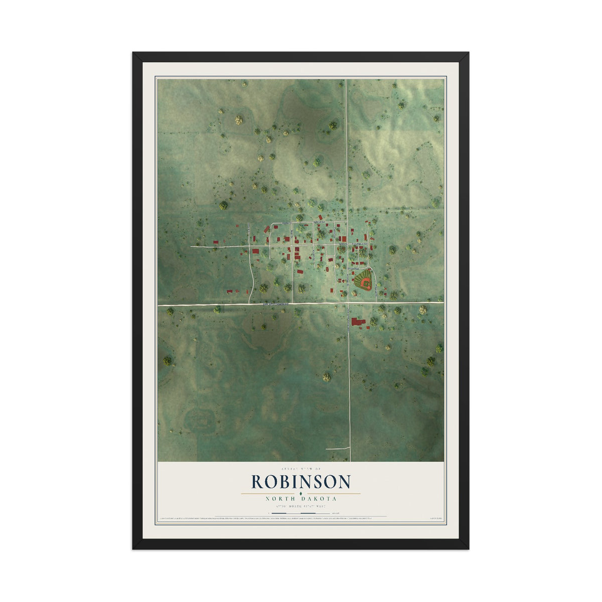Map of Robinson, North Dakota, 12 x 18 inch print in a black wood frame