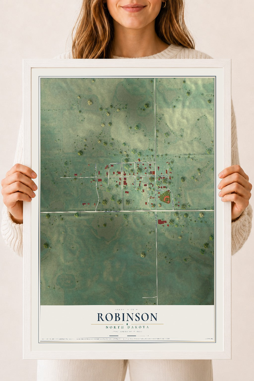 Map of Robinson, North Dakota, 18 x 24 inch print in a white wood frame