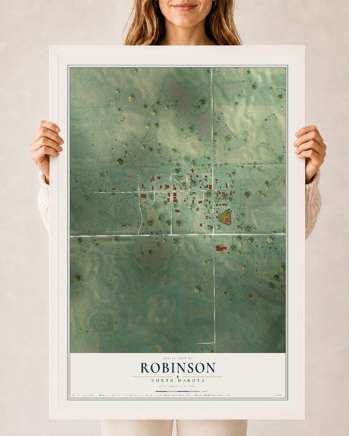 Map of Robinson, North Dakota, 24 x 36 inch print in a white wood frame