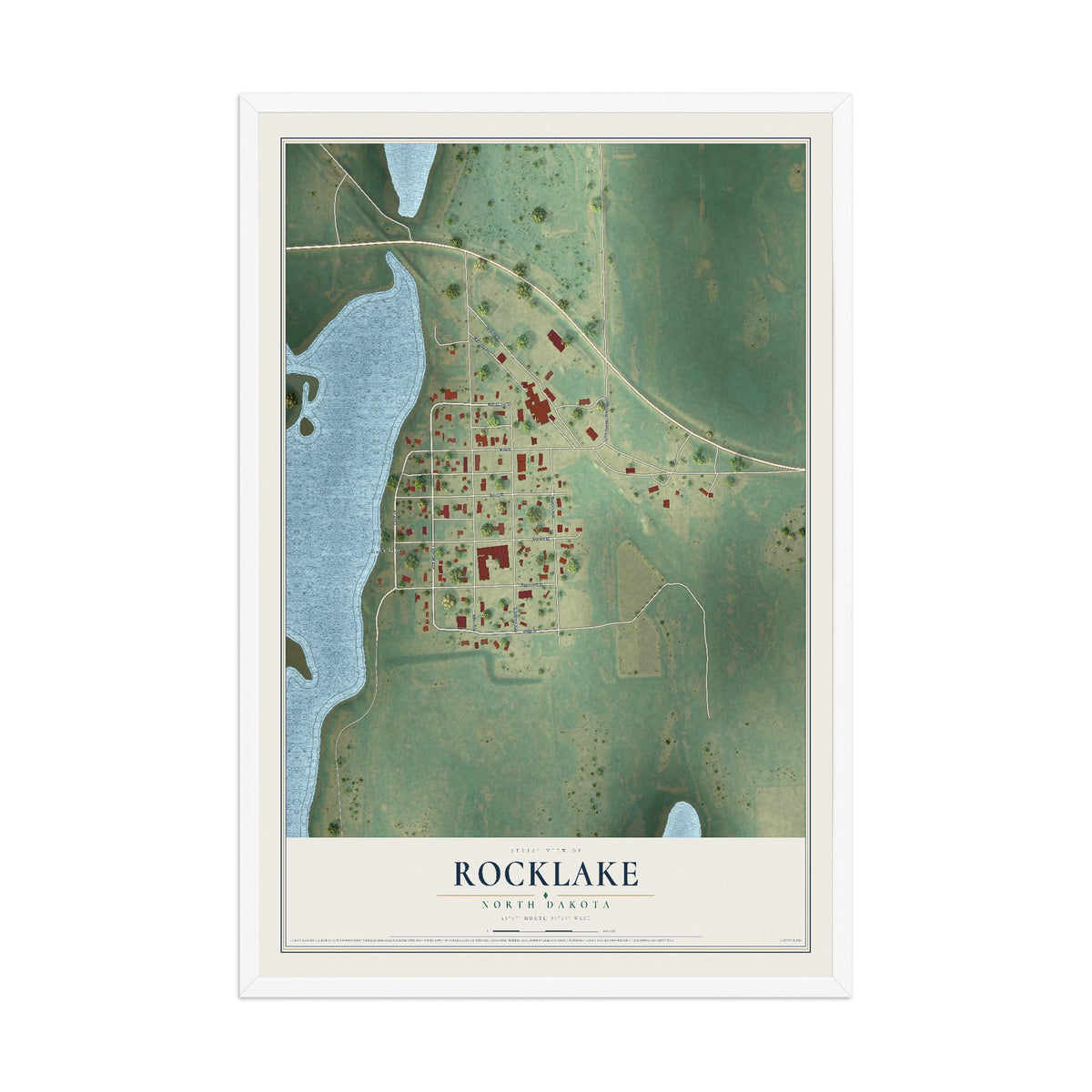 Map of Rocklake, North Dakota, 12 x 18 inch print in a white wood frame