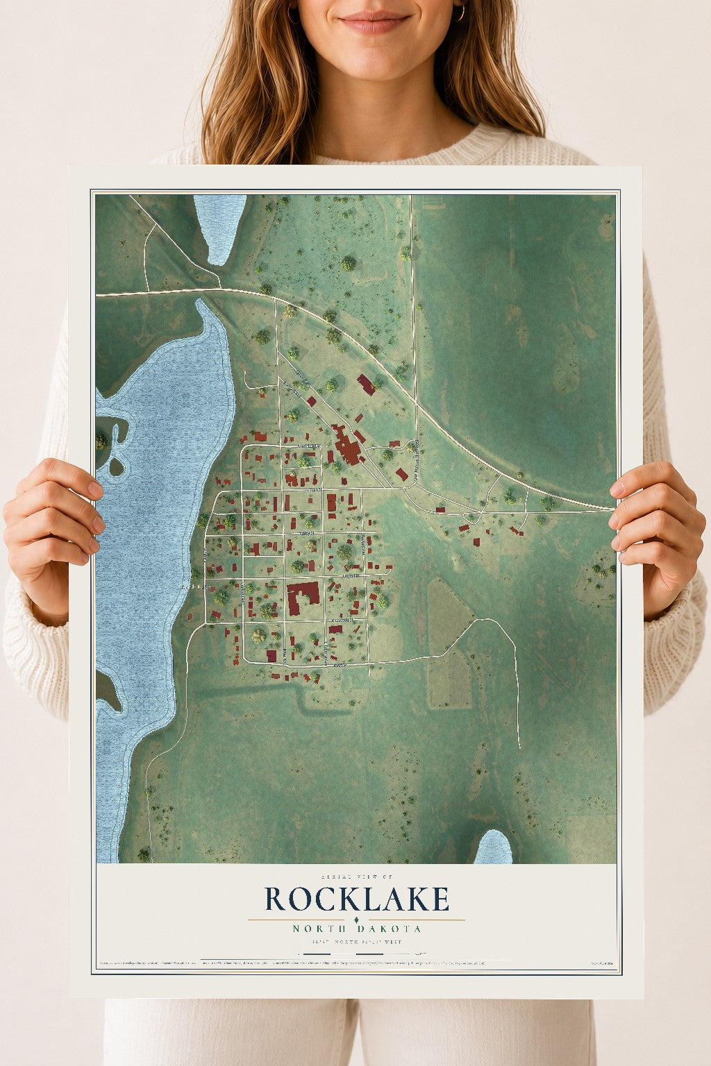 Map of Rocklake, North Dakota, 18 x 24 inch unframed archival matte print