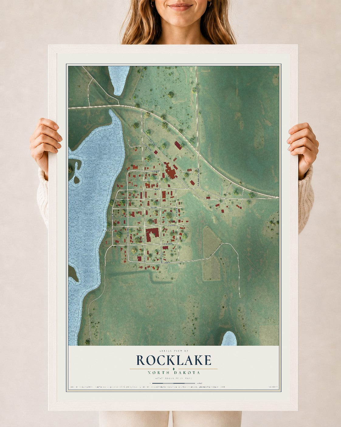 Map of Rocklake, North Dakota, 24 x 36 inch print in a white wood frame