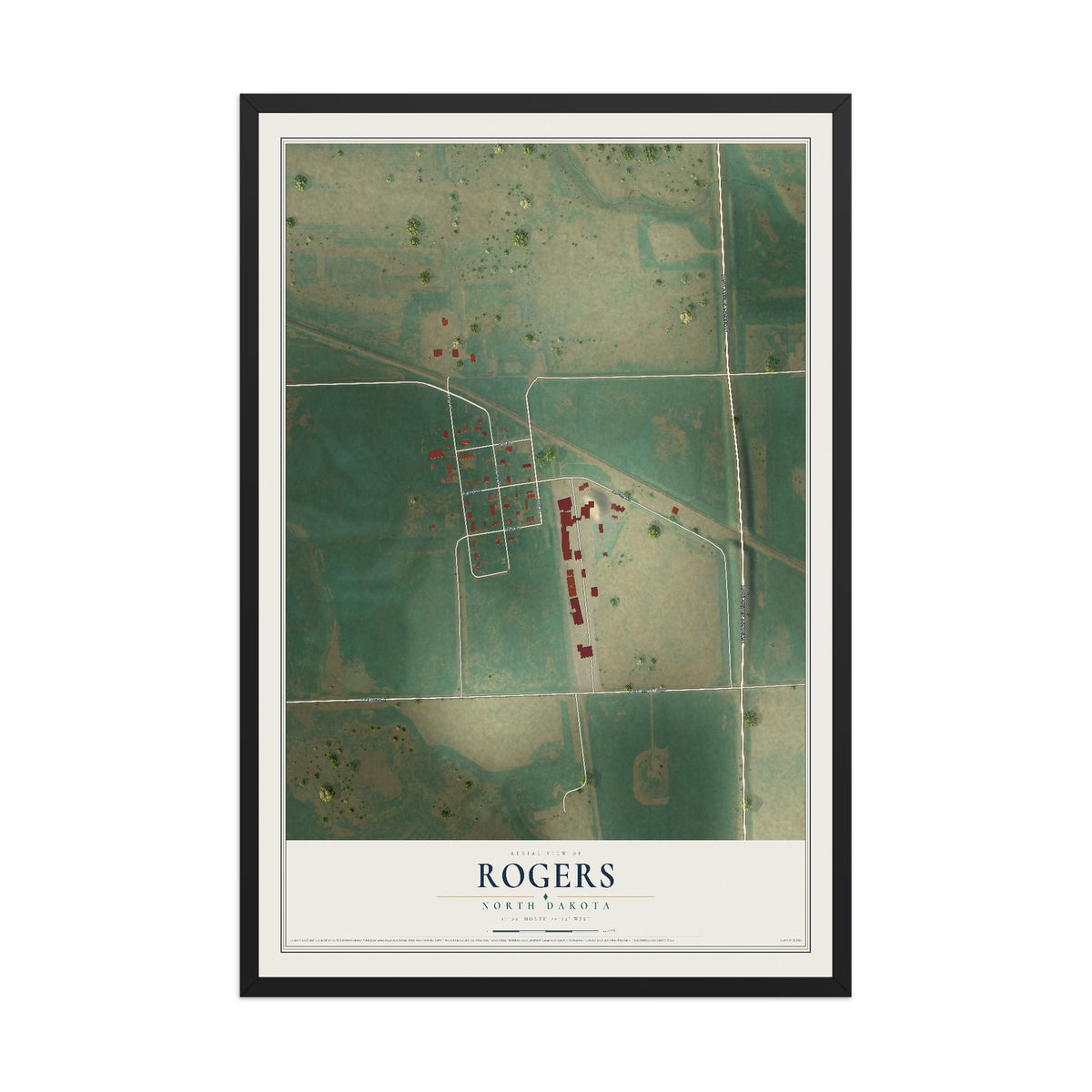 Map of Rogers, North Dakota, 12 x 18 inch print in a black wood frame