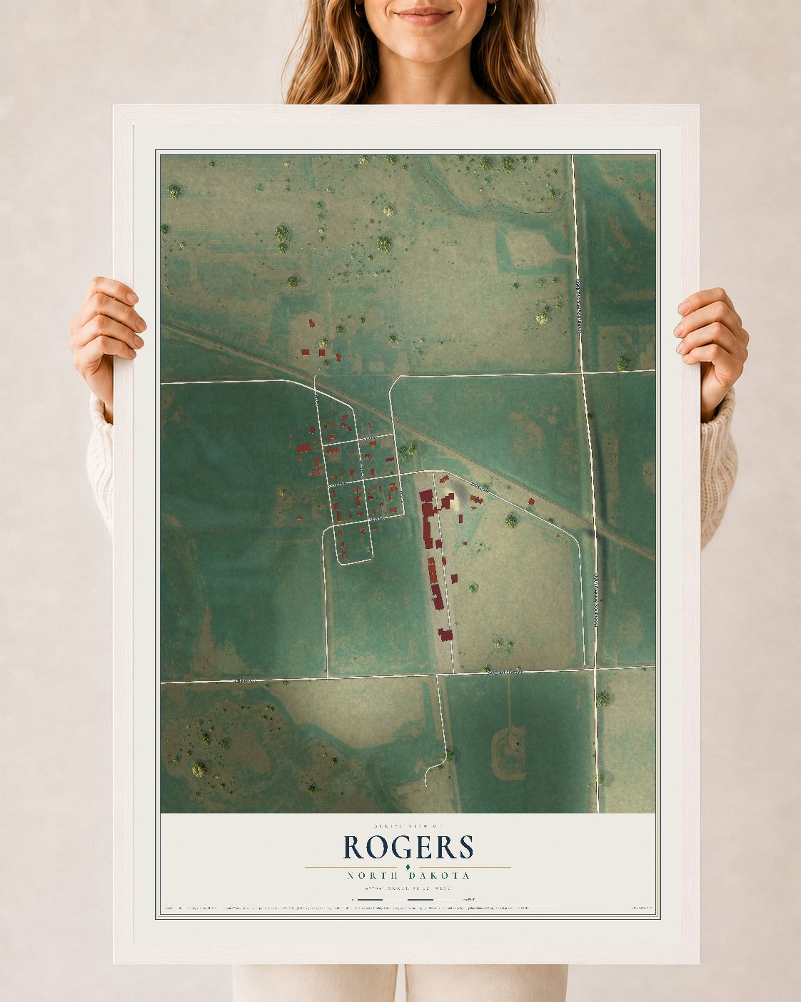 Map of Rogers, North Dakota, 24 x 36 inch print in a white wood frame