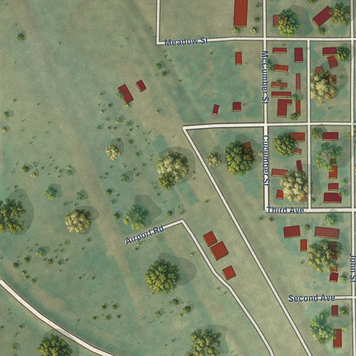Second close-up of the map of Rolette, North Dakota print showing more streets and buildings