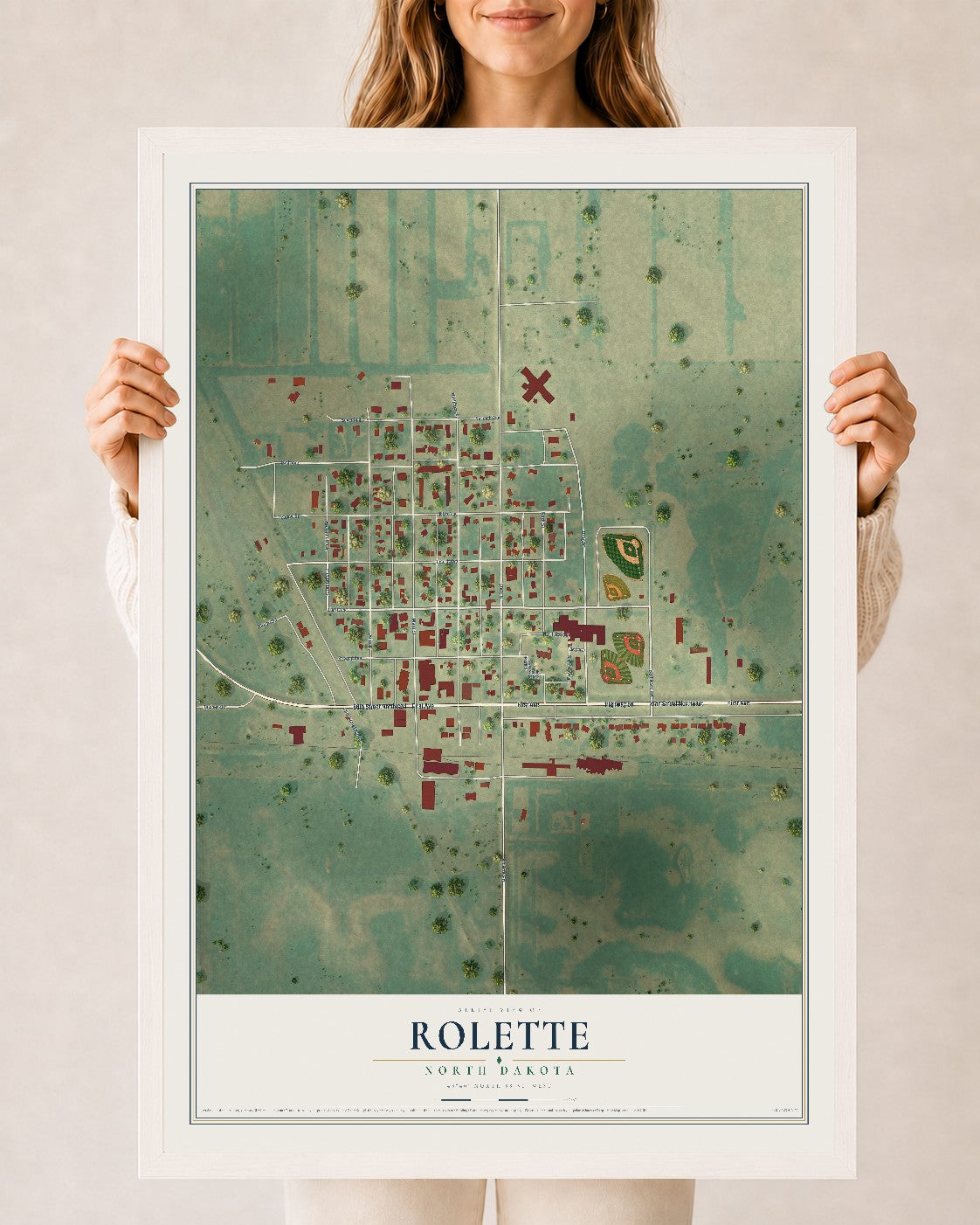 Map of Rolette, North Dakota, 24 x 36 inch print in a white wood frame