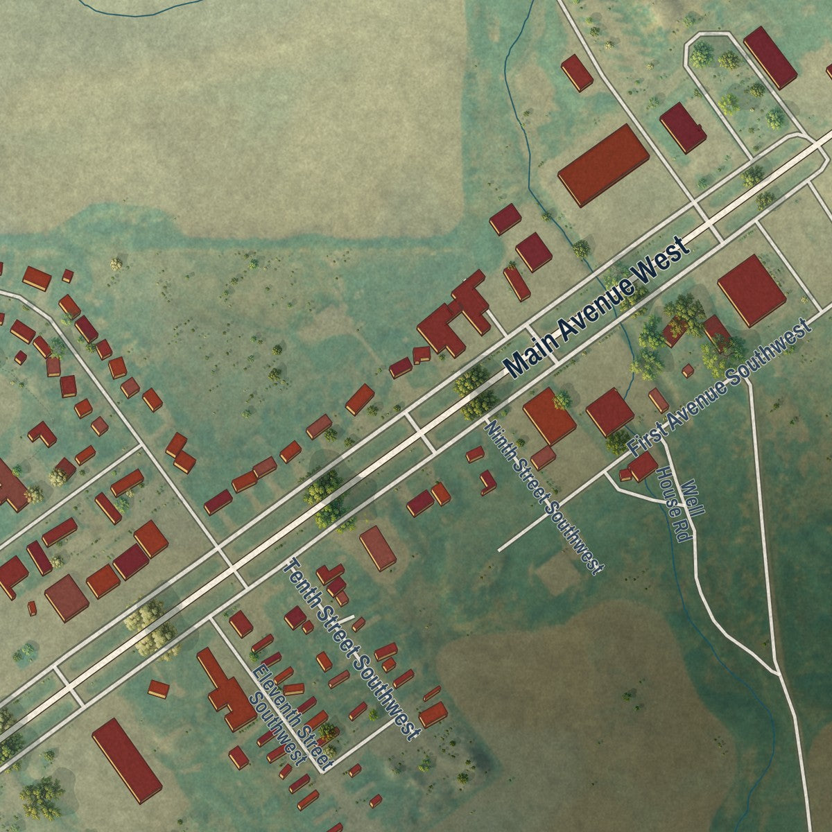 Second close-up of the map of Rolla, North Dakota print showing more streets and buildings