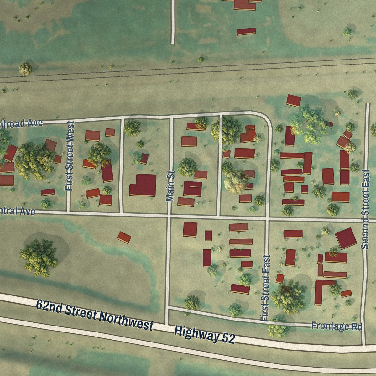 Close-up of the map of Ross, North Dakota print showing street and building detail