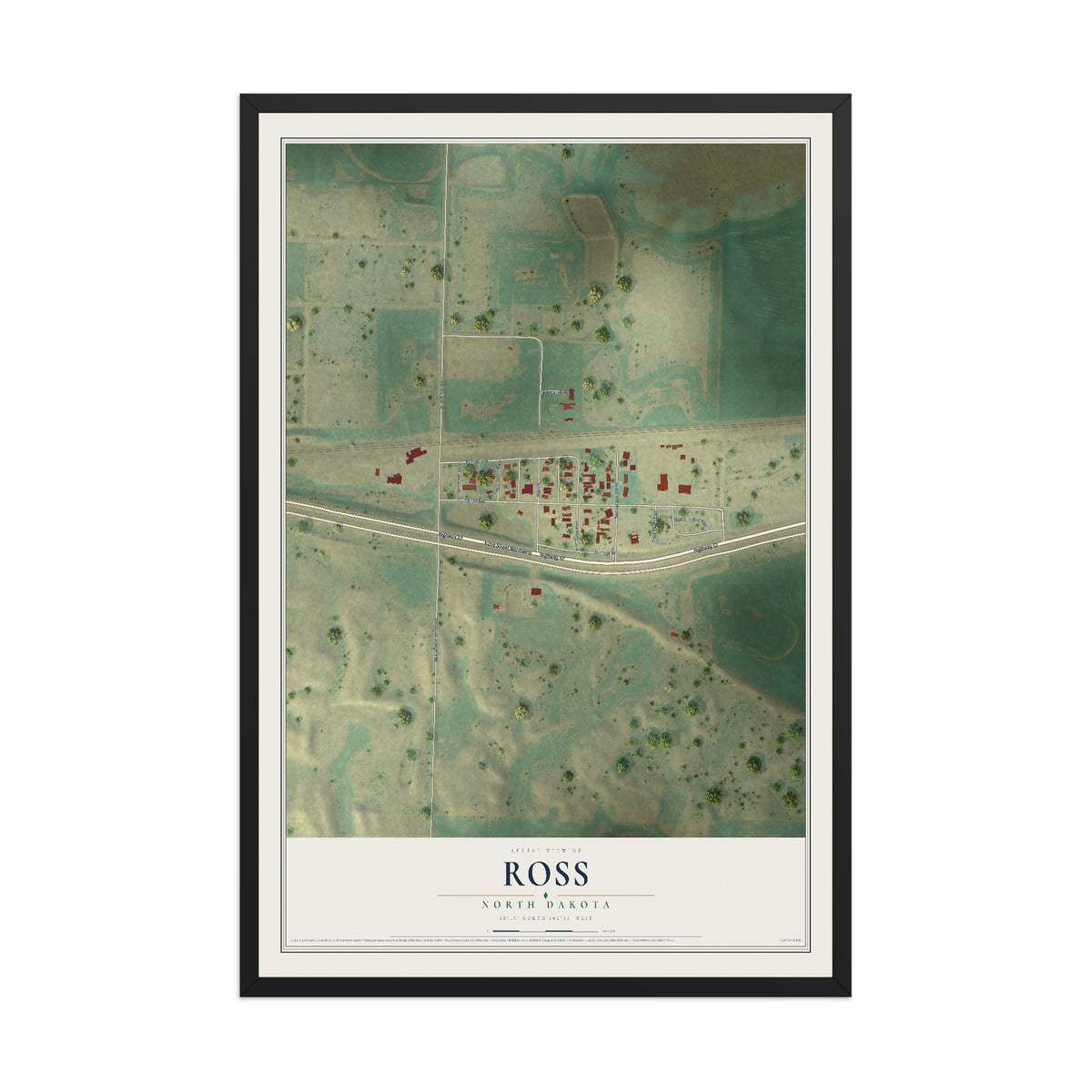 Map of Ross, North Dakota, 12 x 18 inch print in a black wood frame