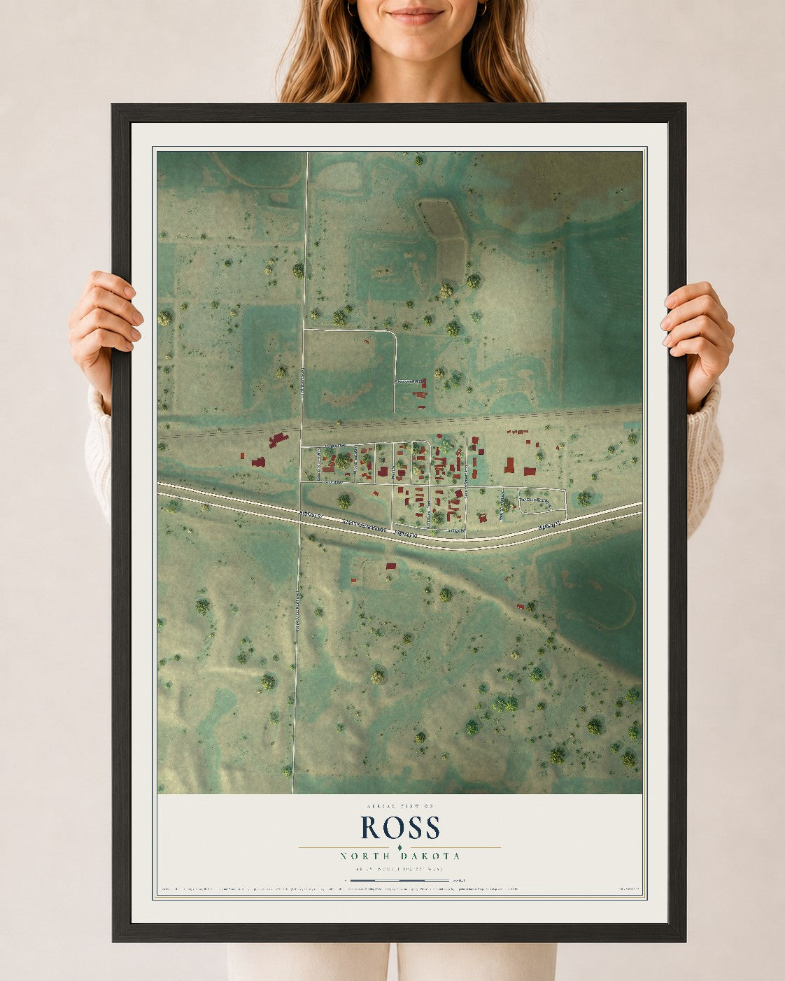 Map of Ross, North Dakota, 24 x 36 inch print in a black wood frame