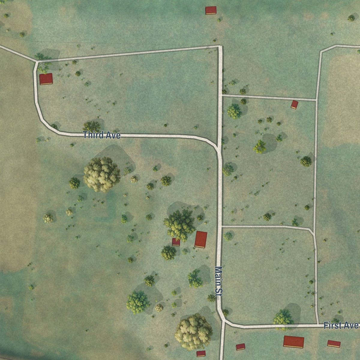 Close-up of the map of Ruso, North Dakota print showing street and building detail
