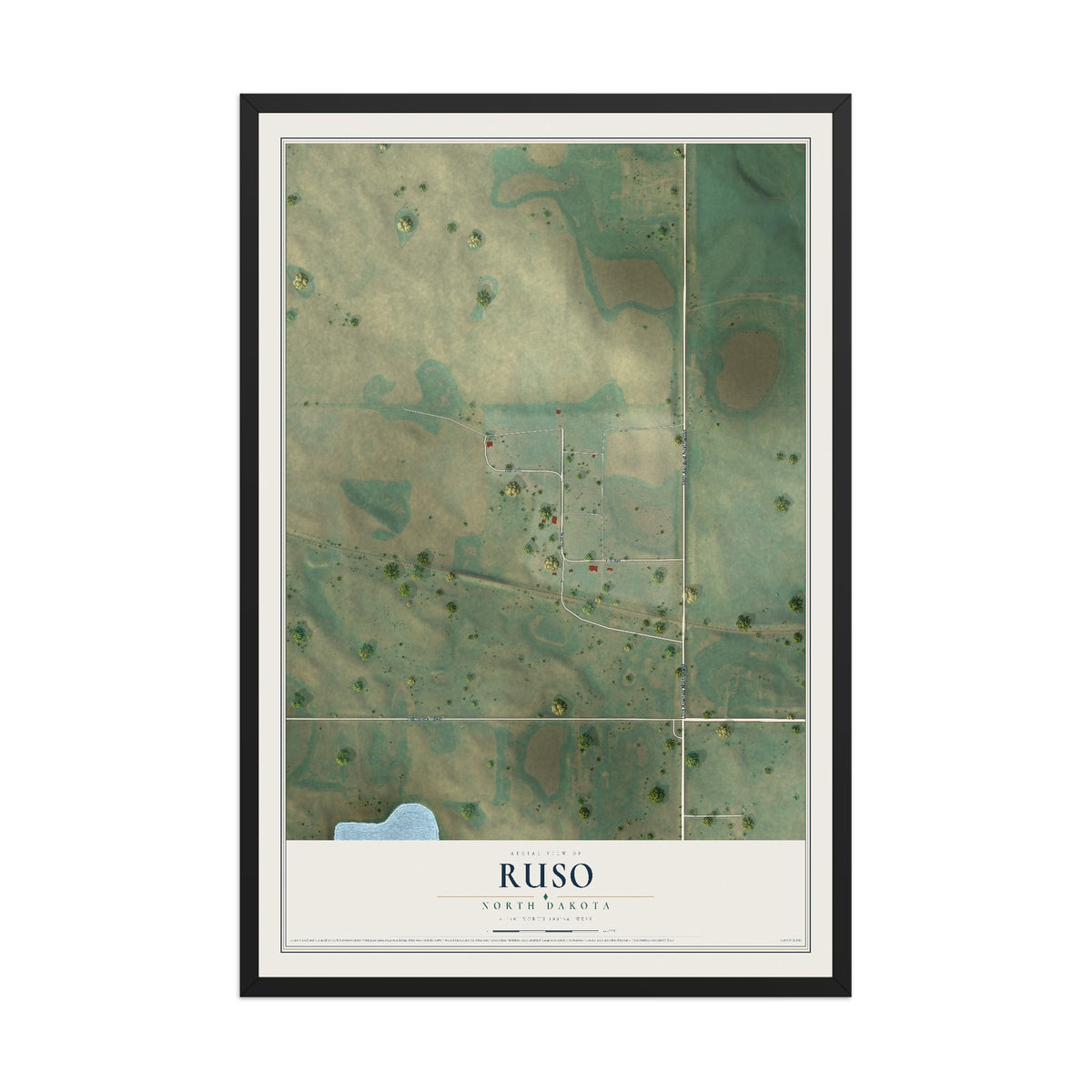 Map of Ruso, North Dakota, 12 x 18 inch print in a black wood frame
