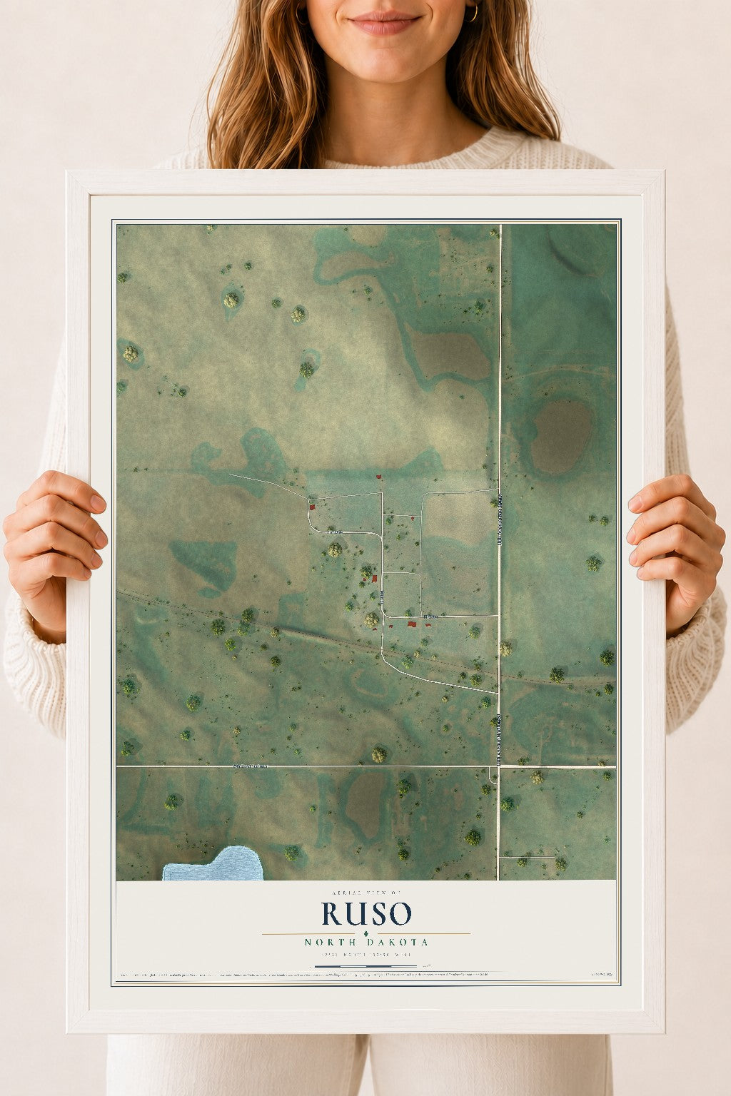 Map of Ruso, North Dakota, 18 x 24 inch print in a white wood frame