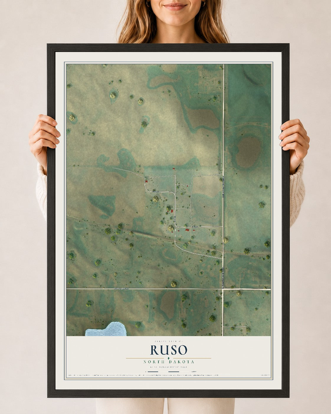 Map of Ruso, North Dakota, 24 x 36 inch print in a black wood frame