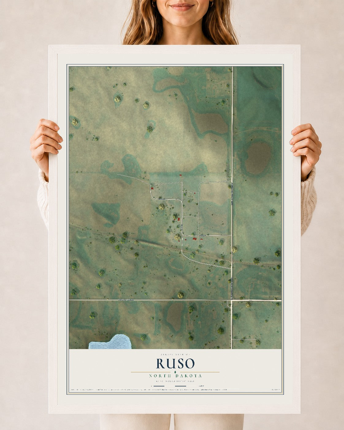 Map of Ruso, North Dakota, 24 x 36 inch print in a white wood frame