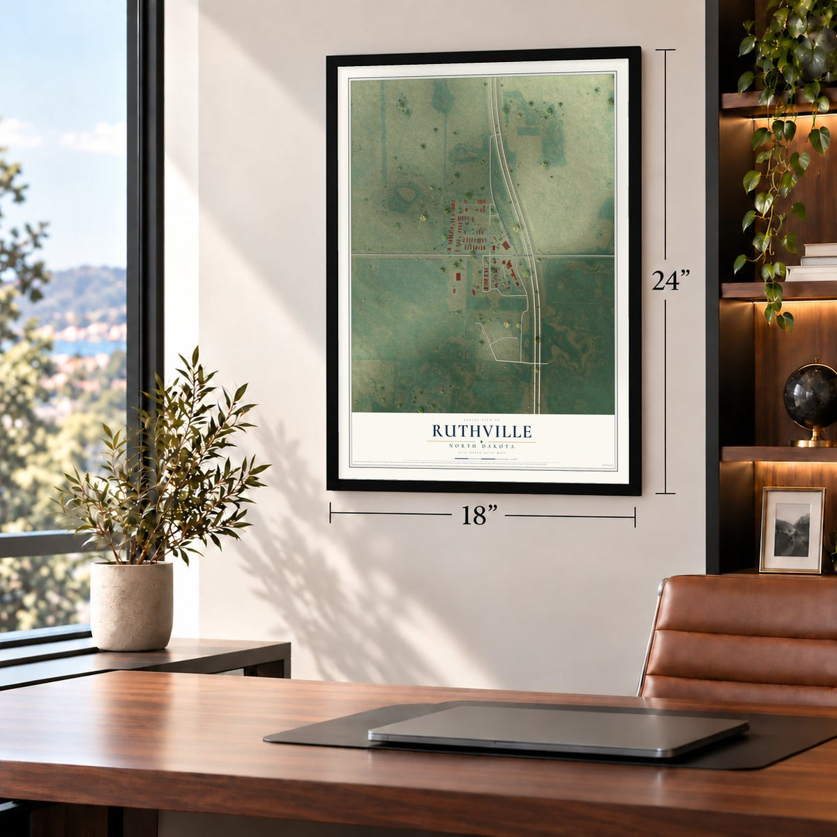 Ruthville, North Dakota map, 18 x 24 inch print in a black frame in a home office