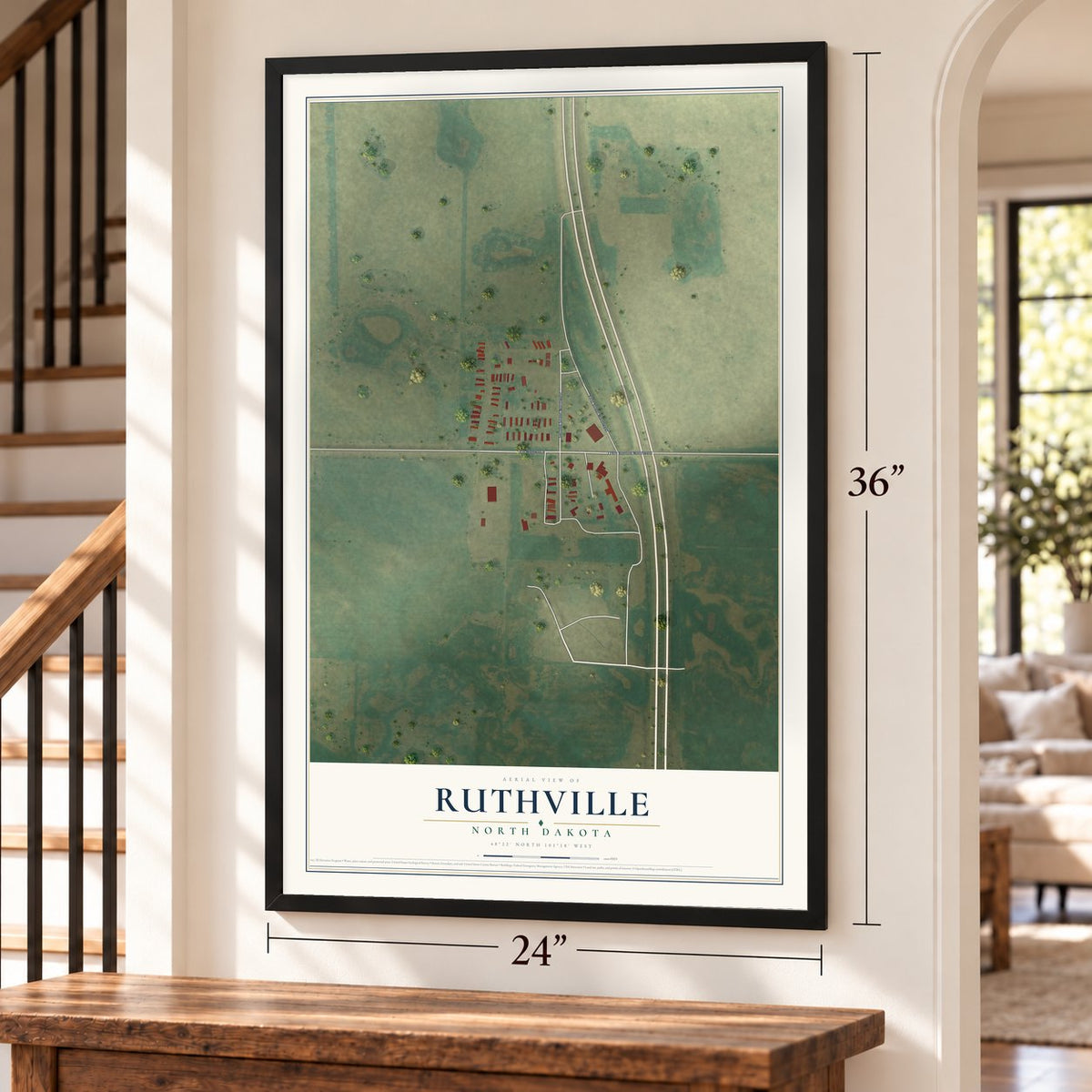 Ruthville, North Dakota map, 24 x 36 inch print in a black frame by a staircase