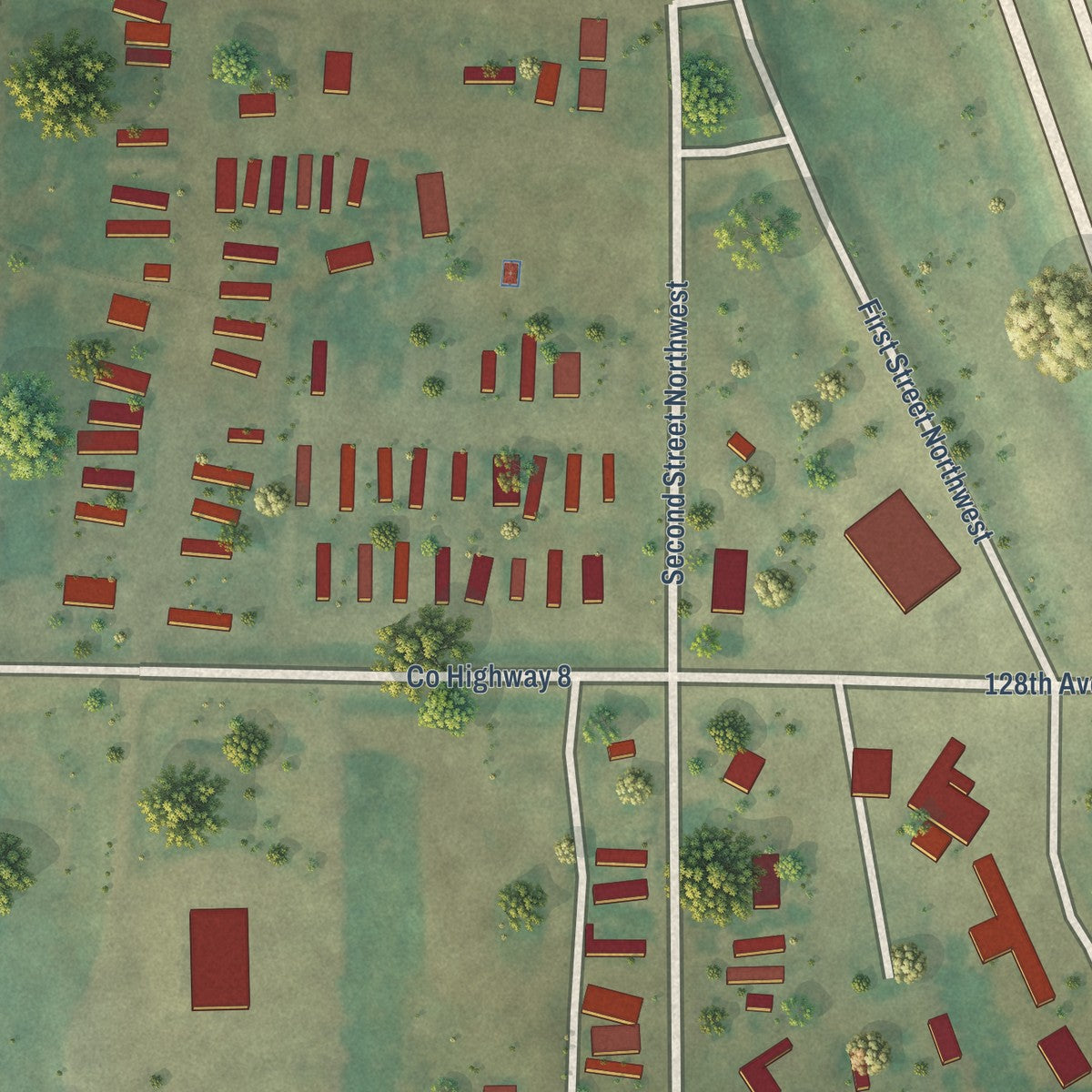 Close-up of the map of Ruthville, North Dakota print showing street and building detail
