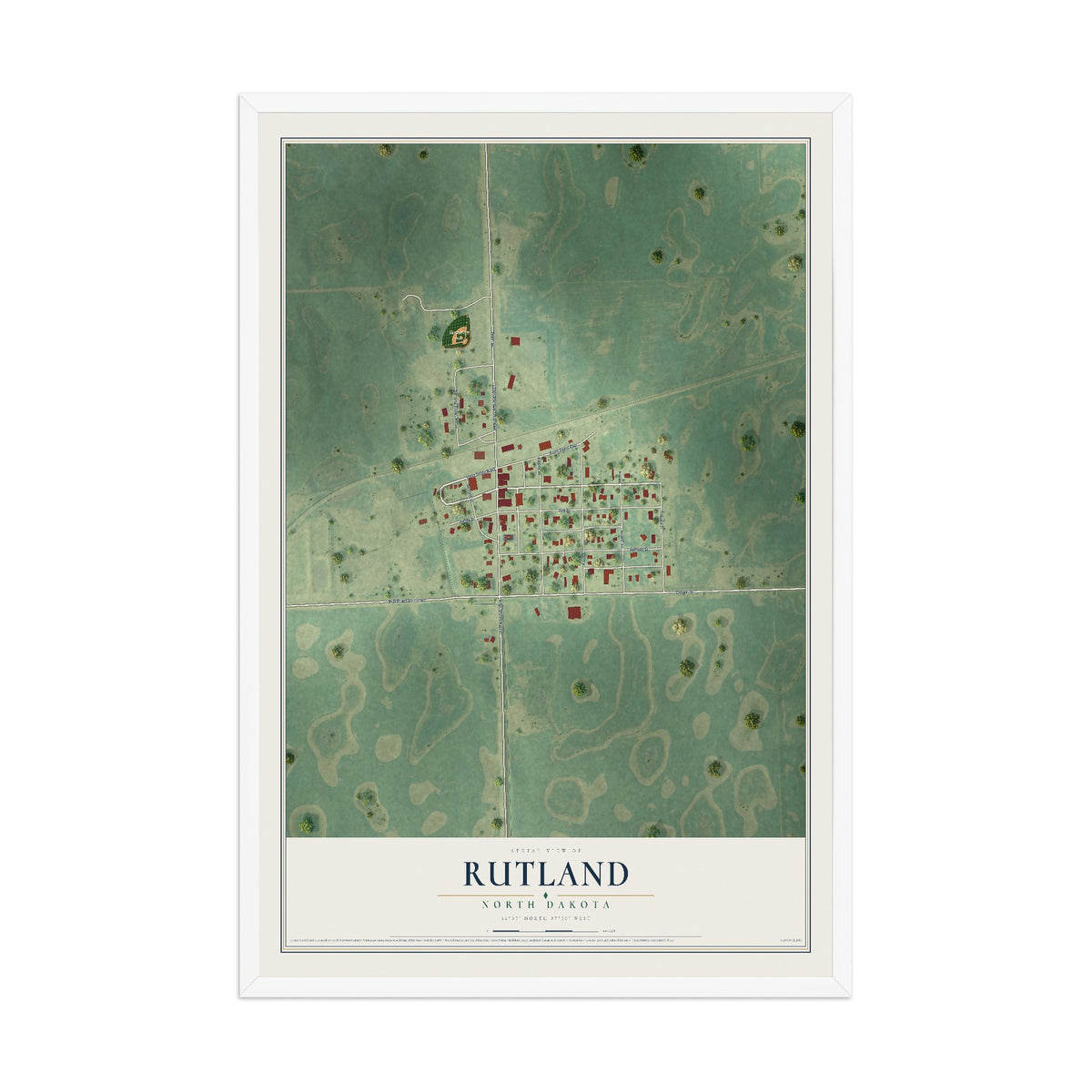 Map of Rutland, North Dakota, 12 x 18 inch print in a white wood frame