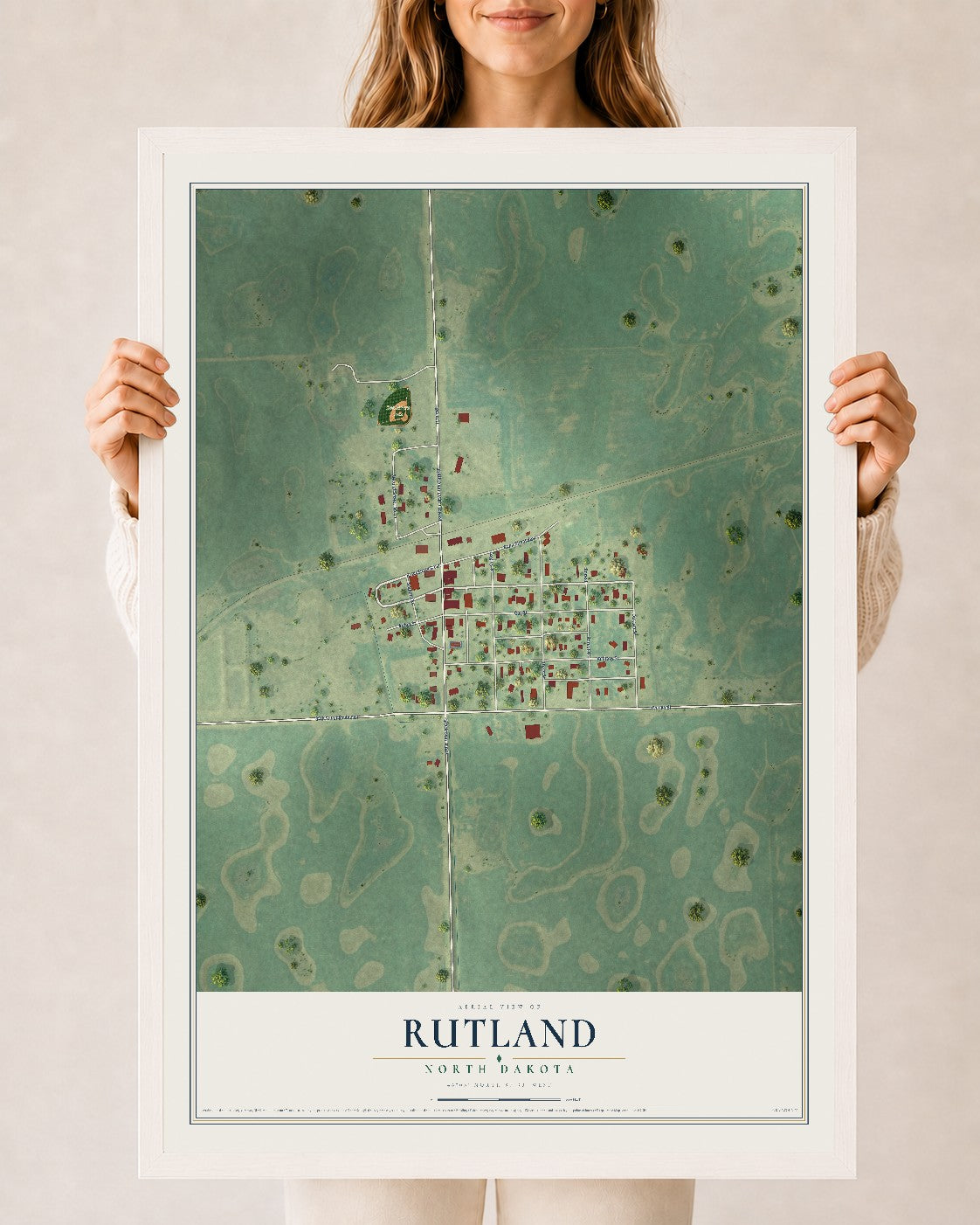 Map of Rutland, North Dakota, 24 x 36 inch print in a white wood frame