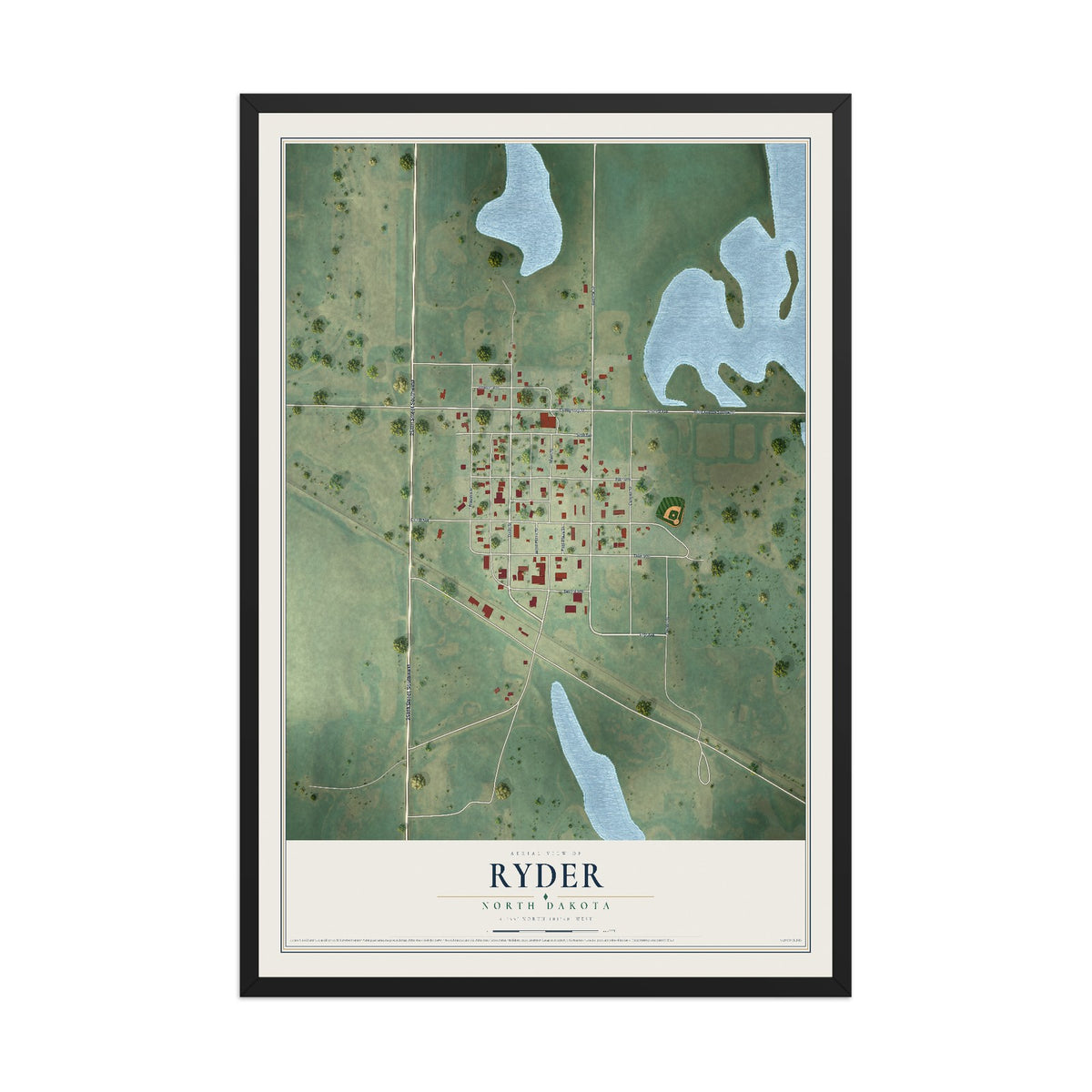 Map of Ryder, North Dakota, 12 x 18 inch print in a black wood frame