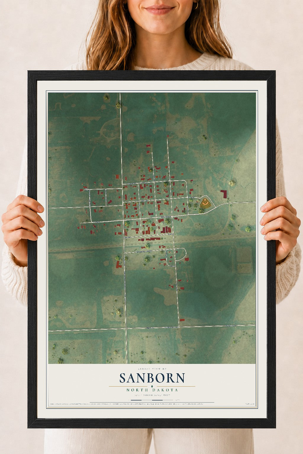 Map of Sanborn, North Dakota, 18 x 24 inch print in a black wood frame