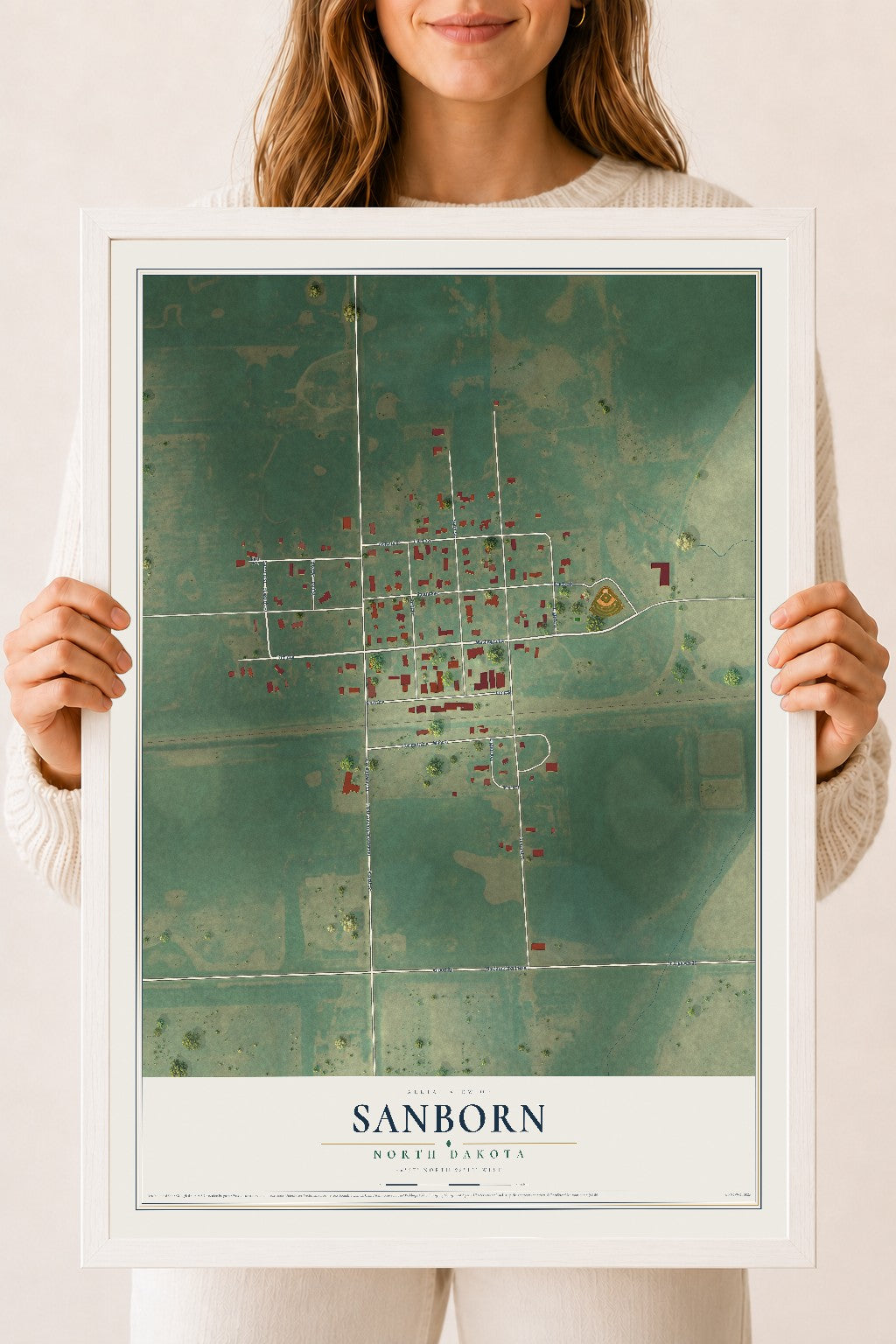 Map of Sanborn, North Dakota, 18 x 24 inch print in a white wood frame