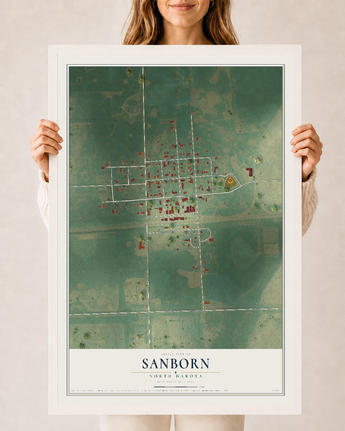 Map of Sanborn, North Dakota, 24 x 36 inch print in a white wood frame