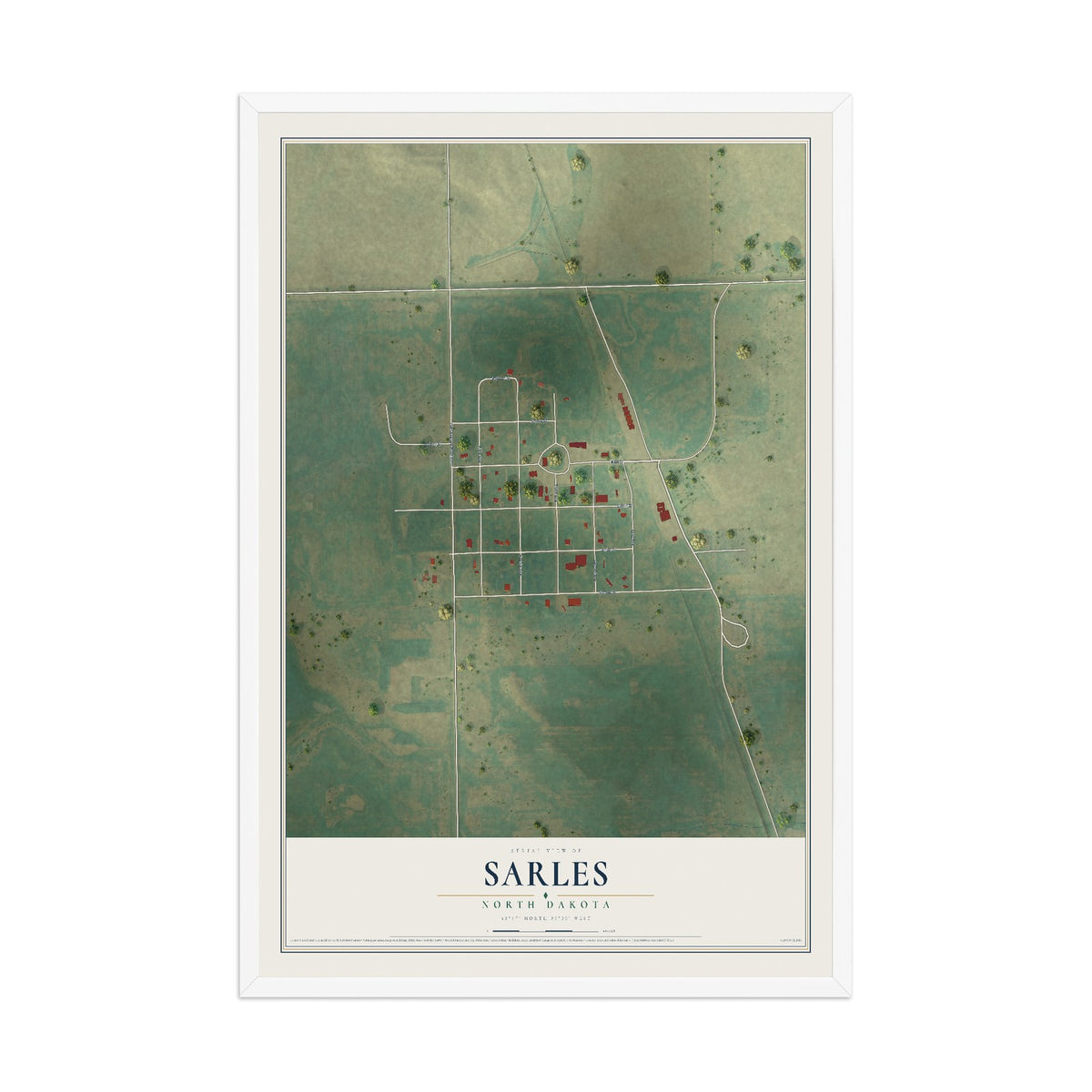 Map of Sarles, North Dakota, 12 x 18 inch print in a white wood frame