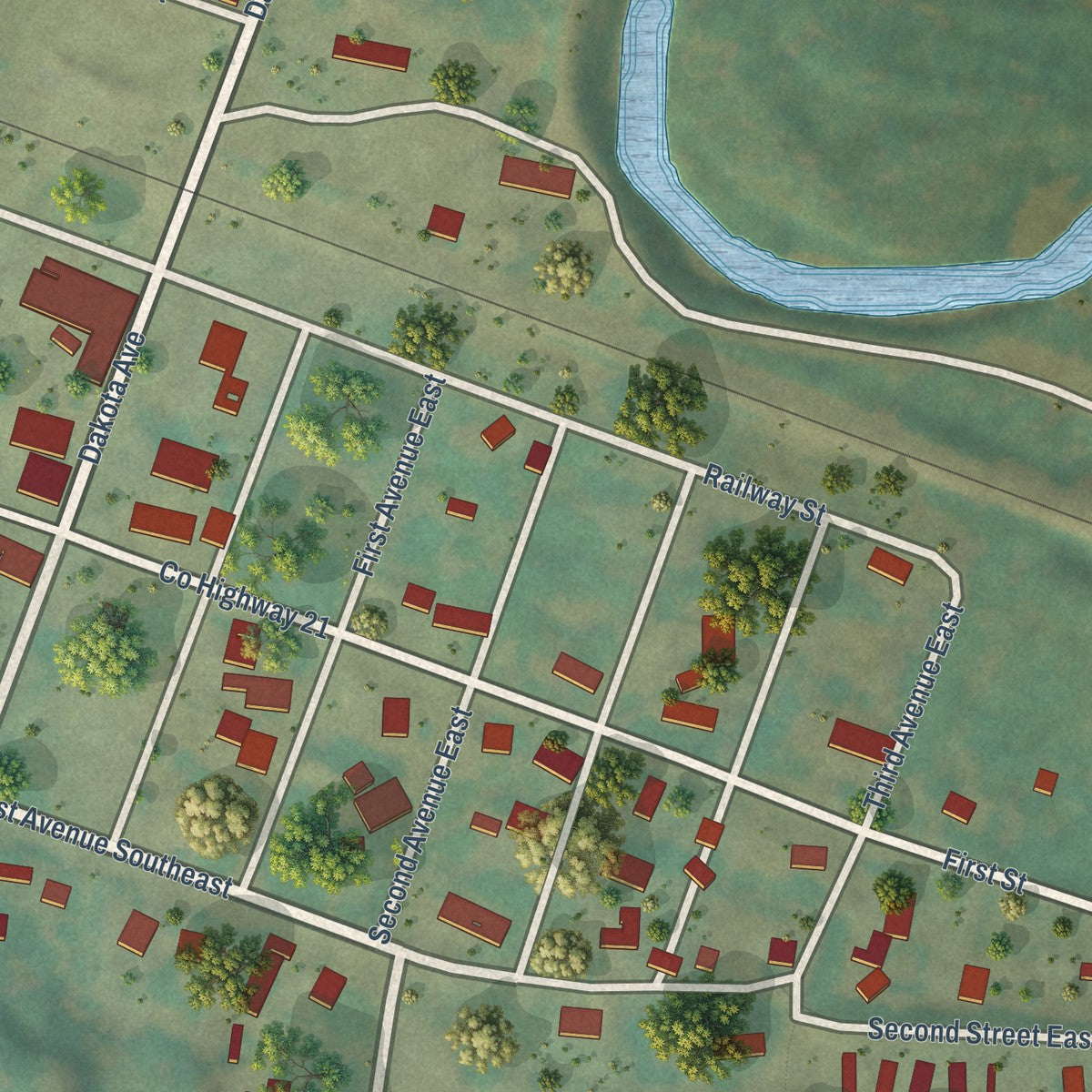 Close-up of the map of Sawyer, North Dakota print showing street and building detail